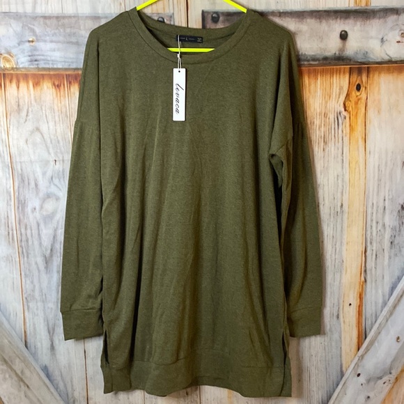 levaca Tops - Levaca Soft Oversized Long Sleeve Tunic or T-Shirt Dress Side Splits Moss Green